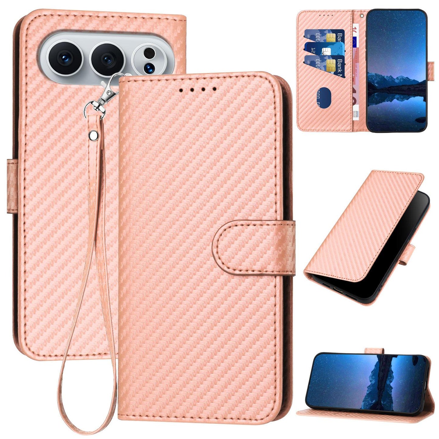 Honor 500 Pro 155.8mm Carbon Fiber Buckle Leather Phone Case with Lanyard, PU Leather TPU Wallet Cover with Card Slot, Cash Compartment, Stand Function & Scratch Protection