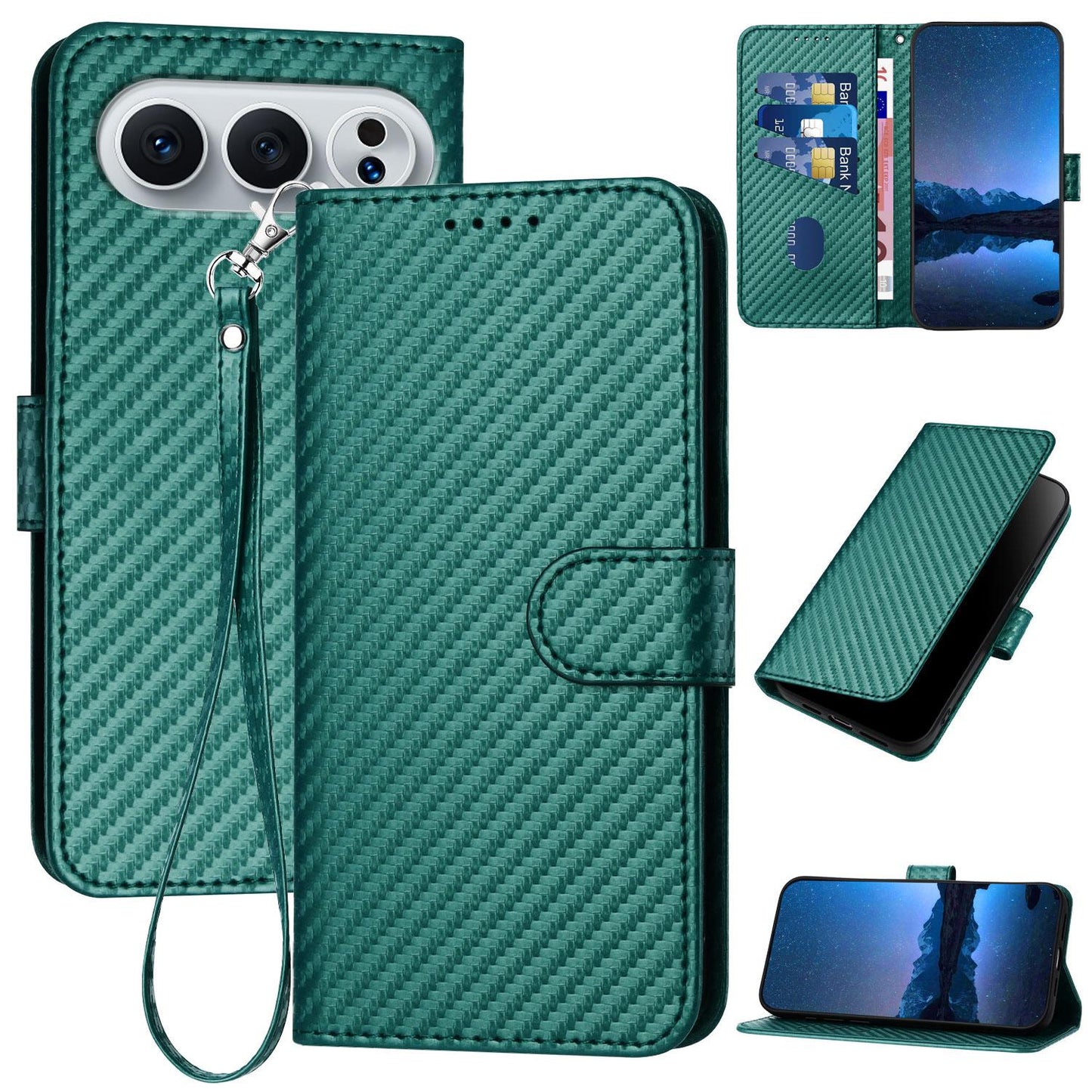 Honor 500 Carbon Fiber Buckle Leather Phone Case with Lanyard, PU Leather TPU Wallet Cover with Card Slot, Cash Compartment, Stand Function & Scratch Protection