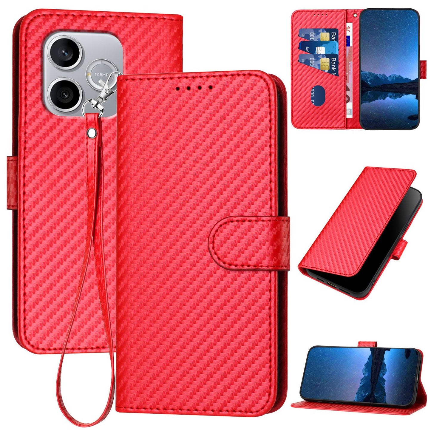 Honor 600 Lite Carbon Fiber Buckle Leather Phone Case with Lanyard, PU Leather TPU Wallet Cover with Card Slot, Cash Compartment, Stand Function & Scratch Protection