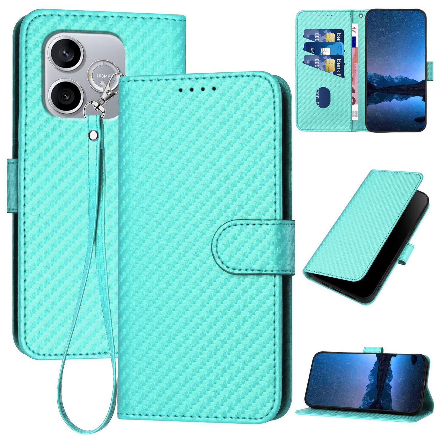 Honor 600 Lite Carbon Fiber Buckle Leather Phone Case with Lanyard, PU Leather TPU Wallet Cover with Card Slot, Cash Compartment, Stand Function & Scratch Protection
