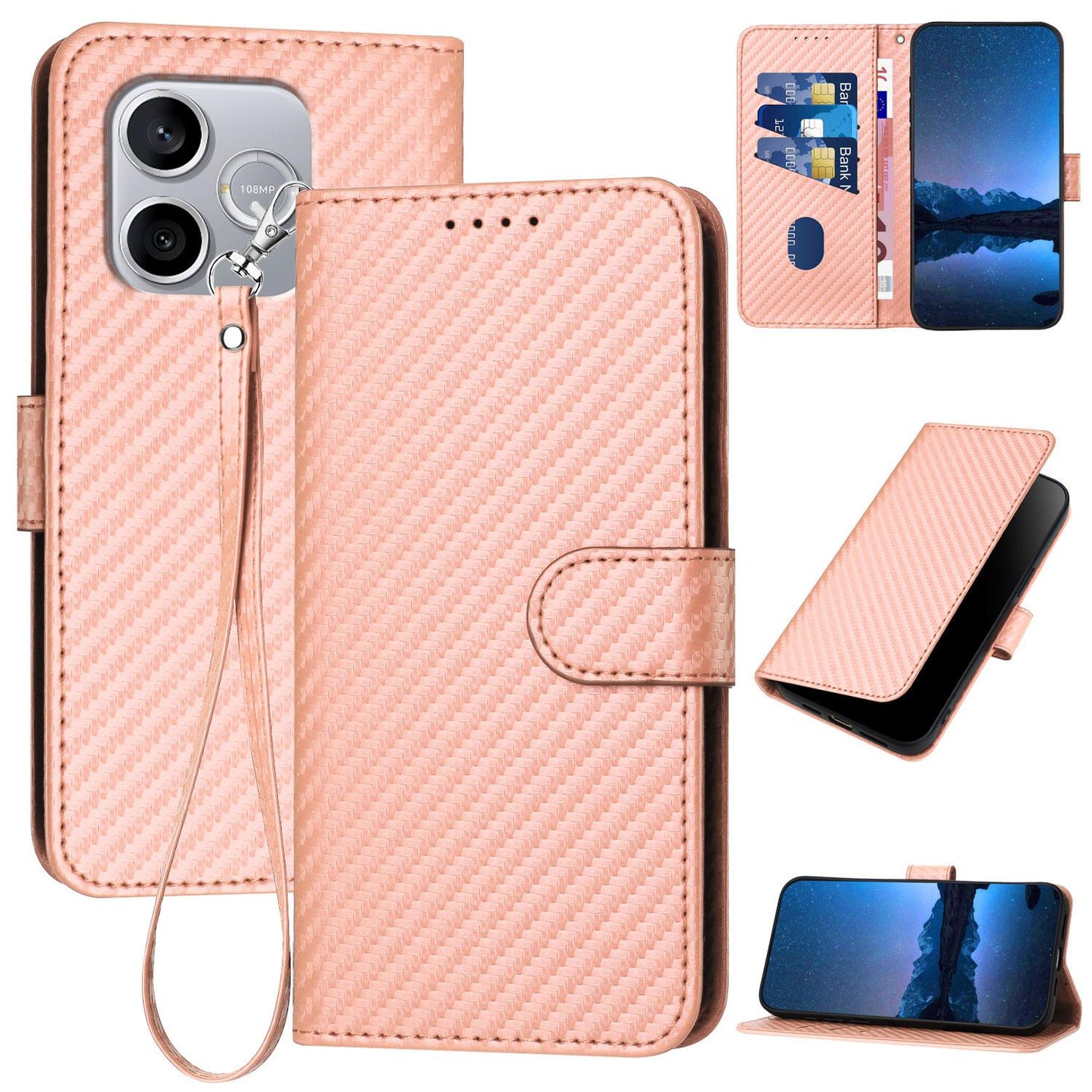 Honor 600 Lite Carbon Fiber Buckle Leather Phone Case with Lanyard, PU Leather TPU Wallet Cover with Card Slot, Cash Compartment, Stand Function & Scratch Protection