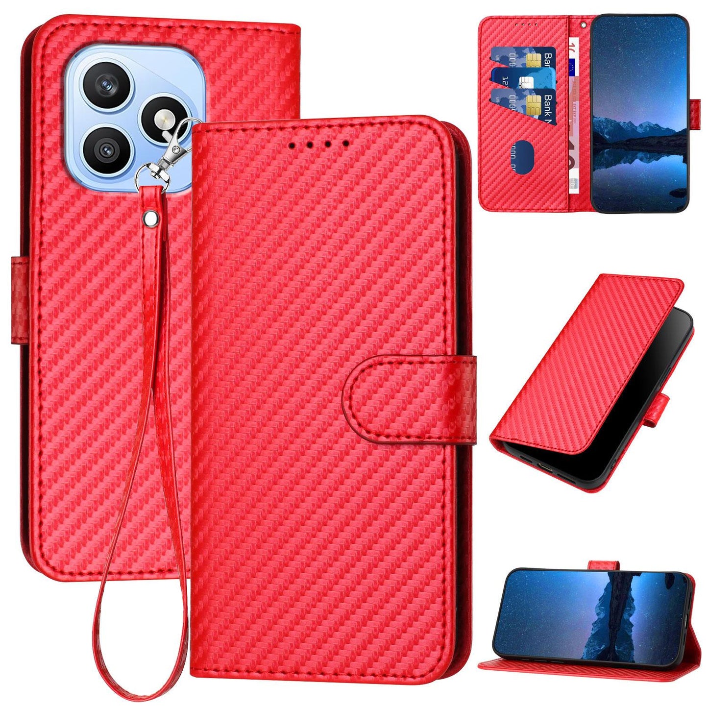 Honor X8d 4G Carbon Fiber Buckle Leather Phone Case with Lanyard, PU Leather TPU Wallet Cover with Card Slot, Cash Compartment, Stand Function & Scratch Protection