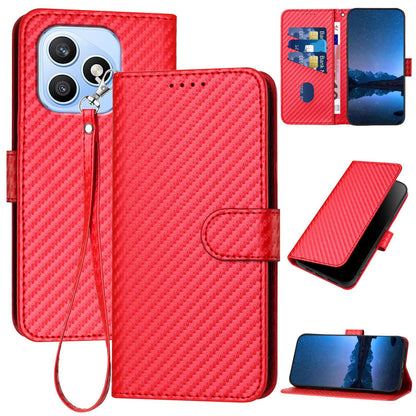 Honor X8d 4G Carbon Fiber Buckle Leather Phone Case with Lanyard, PU Leather TPU Wallet Cover with Card Slot, Cash Compartment, Stand Function & Scratch Protection