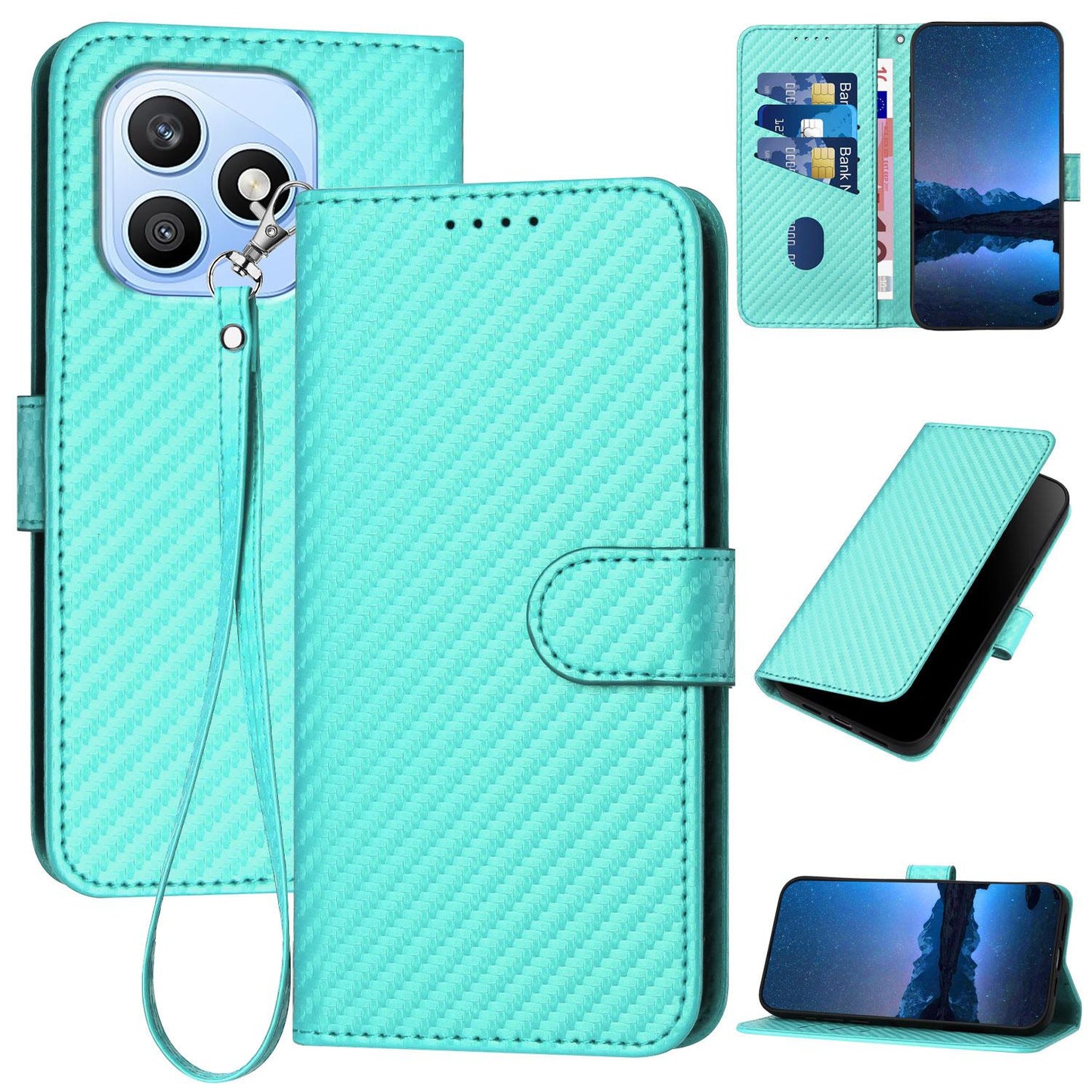 Honor X8d 4G Carbon Fiber Buckle Leather Phone Case with Lanyard, PU Leather TPU Wallet Cover with Card Slot, Cash Compartment, Stand Function & Scratch Protection
