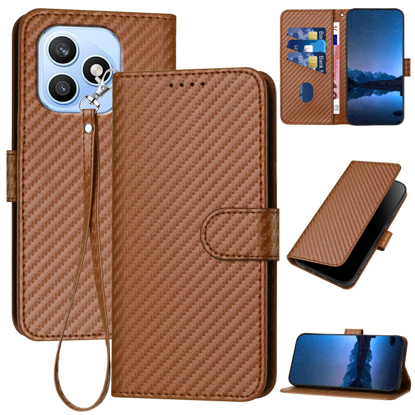 Honor X8d 4G Carbon Fiber Buckle Leather Phone Case with Lanyard, PU Leather TPU Wallet Cover with Card Slot, Cash Compartment, Stand Function & Scratch Protection
