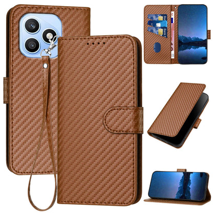 Honor X8d 4G Carbon Fiber Buckle Leather Phone Case with Lanyard, PU Leather TPU Wallet Cover with Card Slot, Cash Compartment, Stand Function & Scratch Protection