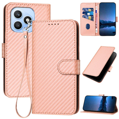 Honor X8d 4G Carbon Fiber Buckle Leather Phone Case with Lanyard, PU Leather TPU Wallet Cover with Card Slot, Cash Compartment, Stand Function & Scratch Protection