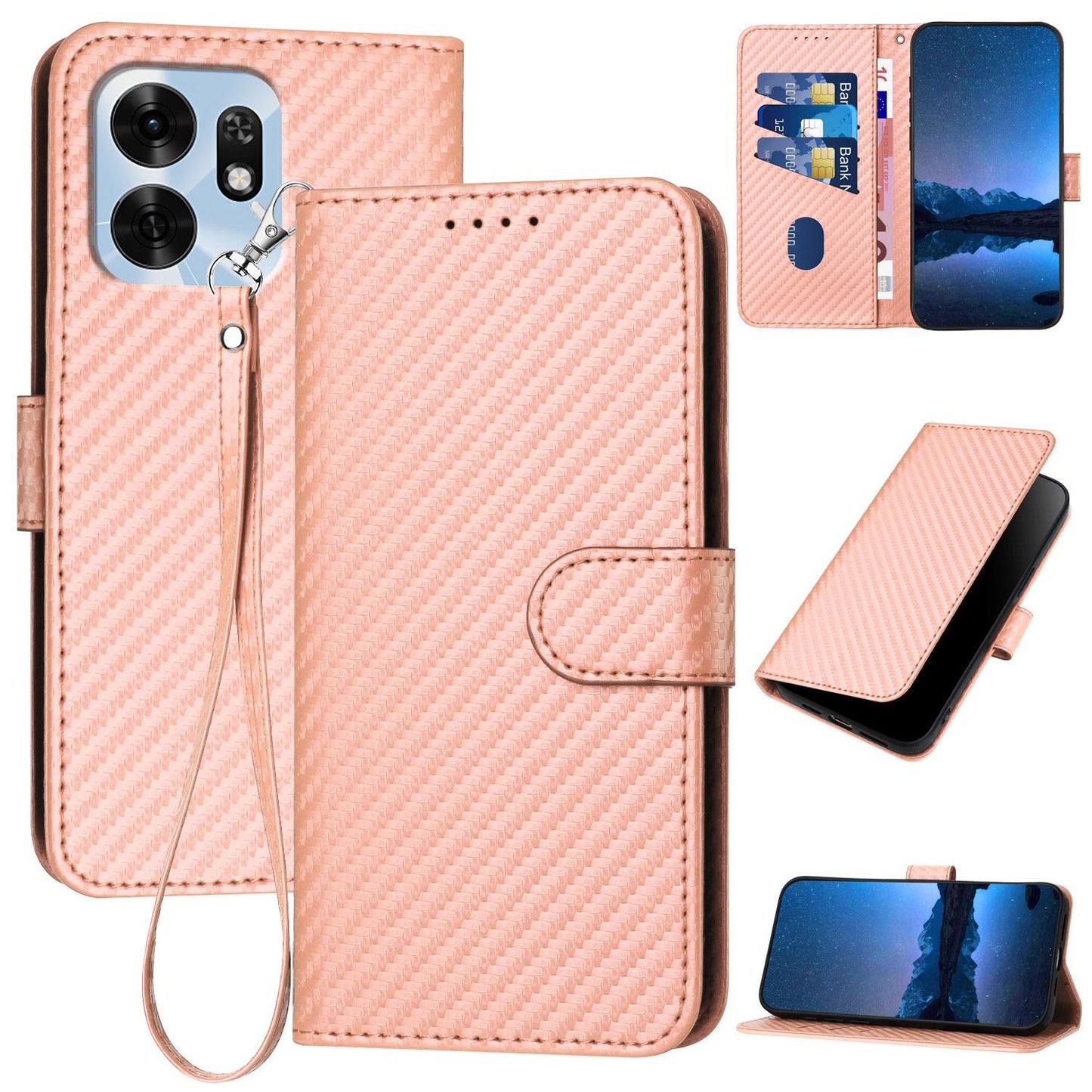 Honor Play 60A 5G Carbon Fiber Buckle Leather Phone Case with Lanyard, PU Leather TPU Wallet Cover with Card Slot, Cash Compartment, Stand Function & Scratch Protection