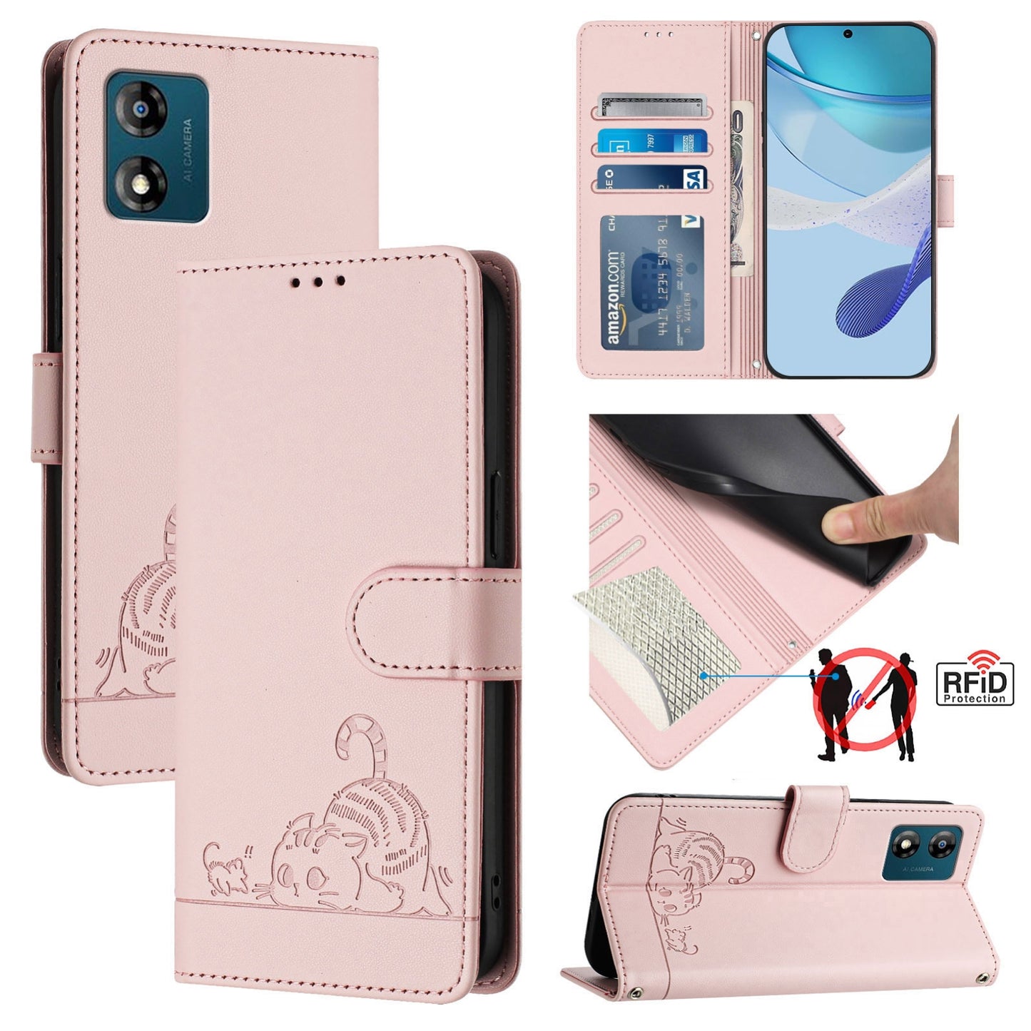 Motorola Moto E13 4G Cat & Rat Embossed RFID Leather Case, Lanyard, Wallet, Card Slots, Kickstand, Anti-Fall, Scratch-Resistant