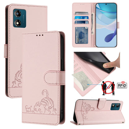 Motorola Moto E13 4G Cat & Rat Embossed RFID Leather Case, Lanyard, Wallet, Card Slots, Kickstand, Anti-Fall, Scratch-Resistant