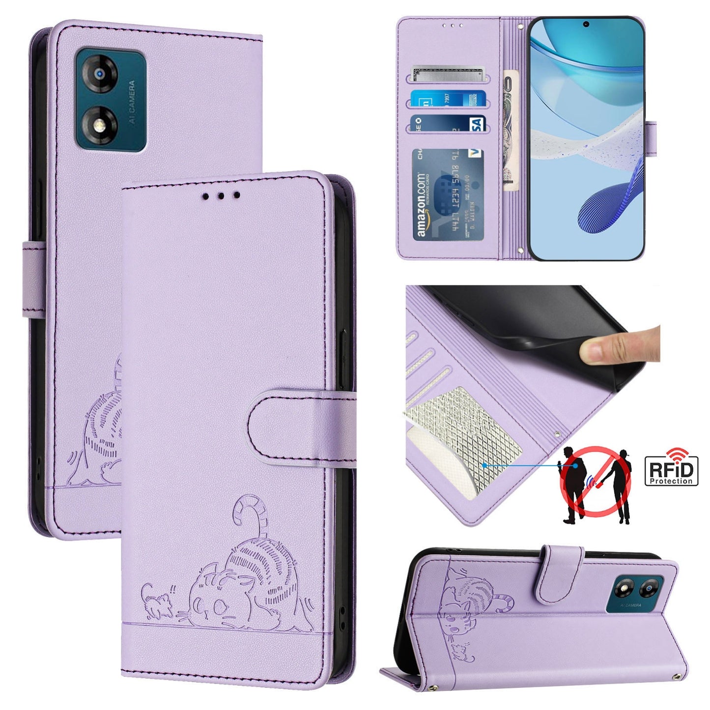 Motorola Moto E13 4G Cat & Rat Embossed RFID Leather Case, Lanyard, Wallet, Card Slots, Kickstand, Anti-Fall, Scratch-Resistant