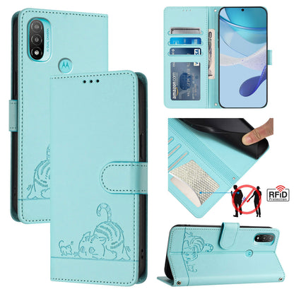Motorola Moto E40 Cat & Rat Embossed RFID Leather Case, Lanyard, Wallet, Card Slots, Kickstand, Anti-Fall, Scratch-Resistant