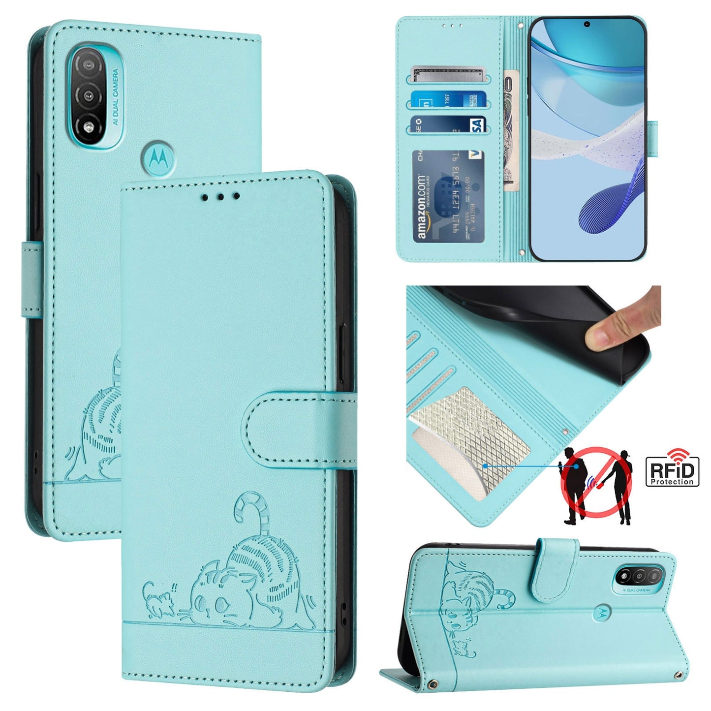Motorola Moto E20 Cat & Rat Embossed RFID Leather Case, Lanyard, Wallet, Card Slots, Kickstand, Anti-Fall, Scratch-Resistant