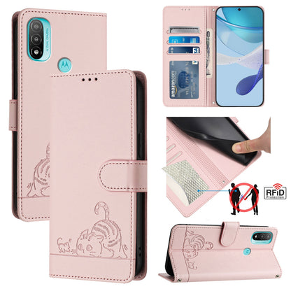 Motorola Moto E40 Cat & Rat Embossed RFID Leather Case, Lanyard, Wallet, Card Slots, Kickstand, Anti-Fall, Scratch-Resistant