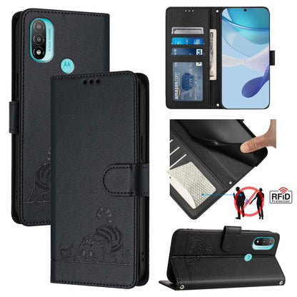 Motorola Moto E20 Cat & Rat Embossed RFID Leather Case, Lanyard, Wallet, Card Slots, Kickstand, Anti-Fall, Scratch-Resistant