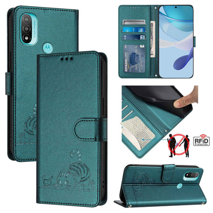Motorola Moto E30 Cat & Rat Embossed RFID Leather Case, Lanyard, Wallet, Card Slots, Kickstand, Anti-Fall, Scratch-Resistant