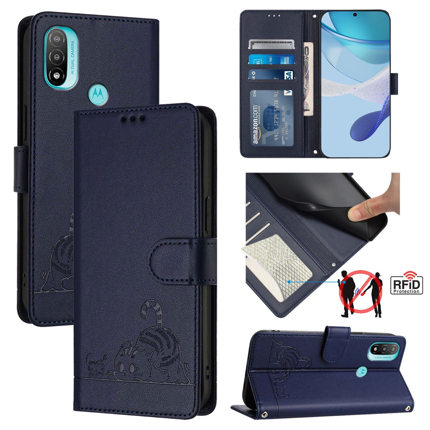 Motorola Moto E40 Cat & Rat Embossed RFID Leather Case, Lanyard, Wallet, Card Slots, Kickstand, Anti-Fall, Scratch-Resistant