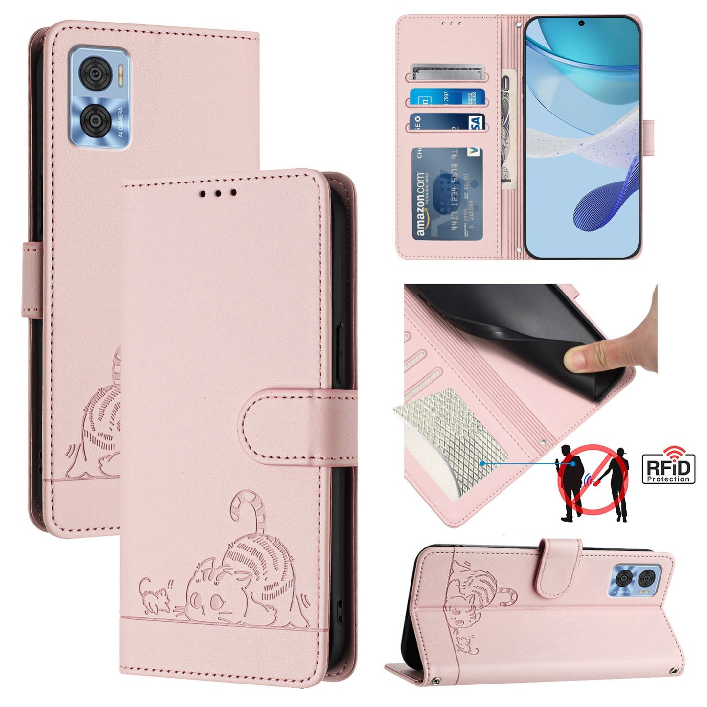 Motorola Moto E22i 4G Cat & Rat Embossed RFID Leather Case, Lanyard, Wallet, Card Slots, Kickstand, Anti-Fall, Scratch-Resistant