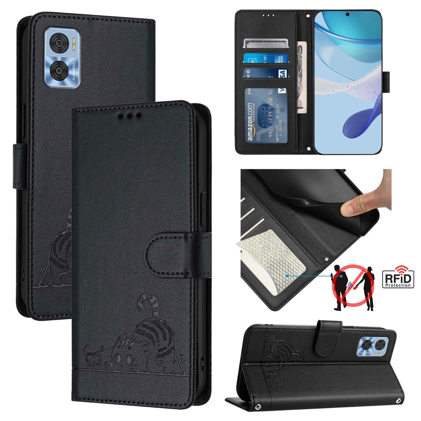 Motorola Moto E22 4G Cat & Rat Embossed RFID Leather Case, Lanyard, Wallet, Card Slots, Kickstand, Anti-Fall, Scratch-Resistant