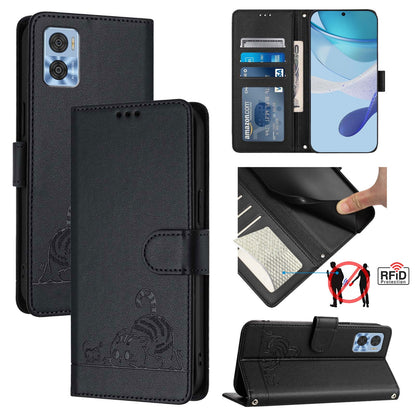 Motorola Moto E22i 4G Cat & Rat Embossed RFID Leather Case, Lanyard, Wallet, Card Slots, Kickstand, Anti-Fall, Scratch-Resistant