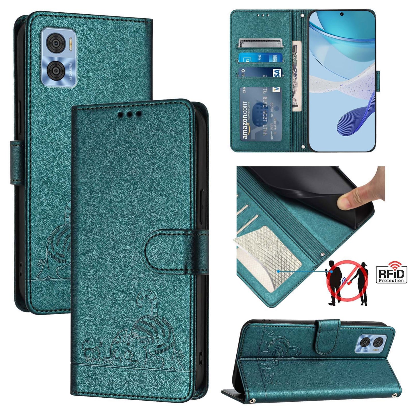 Motorola Moto E22i 4G Cat & Rat Embossed RFID Leather Case, Lanyard, Wallet, Card Slots, Kickstand, Anti-Fall, Scratch-Resistant