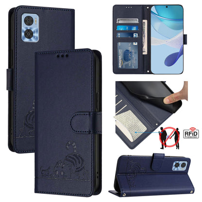 Motorola Moto E22 4G Cat & Rat Embossed RFID Leather Case, Lanyard, Wallet, Card Slots, Kickstand, Anti-Fall, Scratch-Resistant