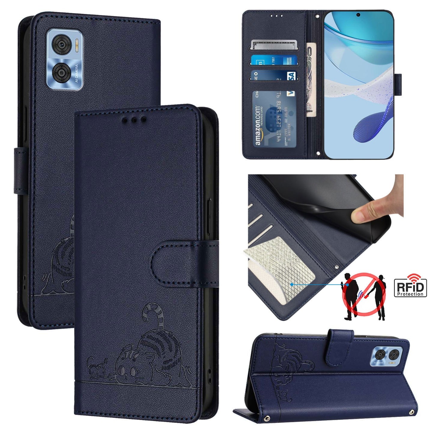Motorola Moto E22i 4G Cat & Rat Embossed RFID Leather Case, Lanyard, Wallet, Card Slots, Kickstand, Anti-Fall, Scratch-Resistant