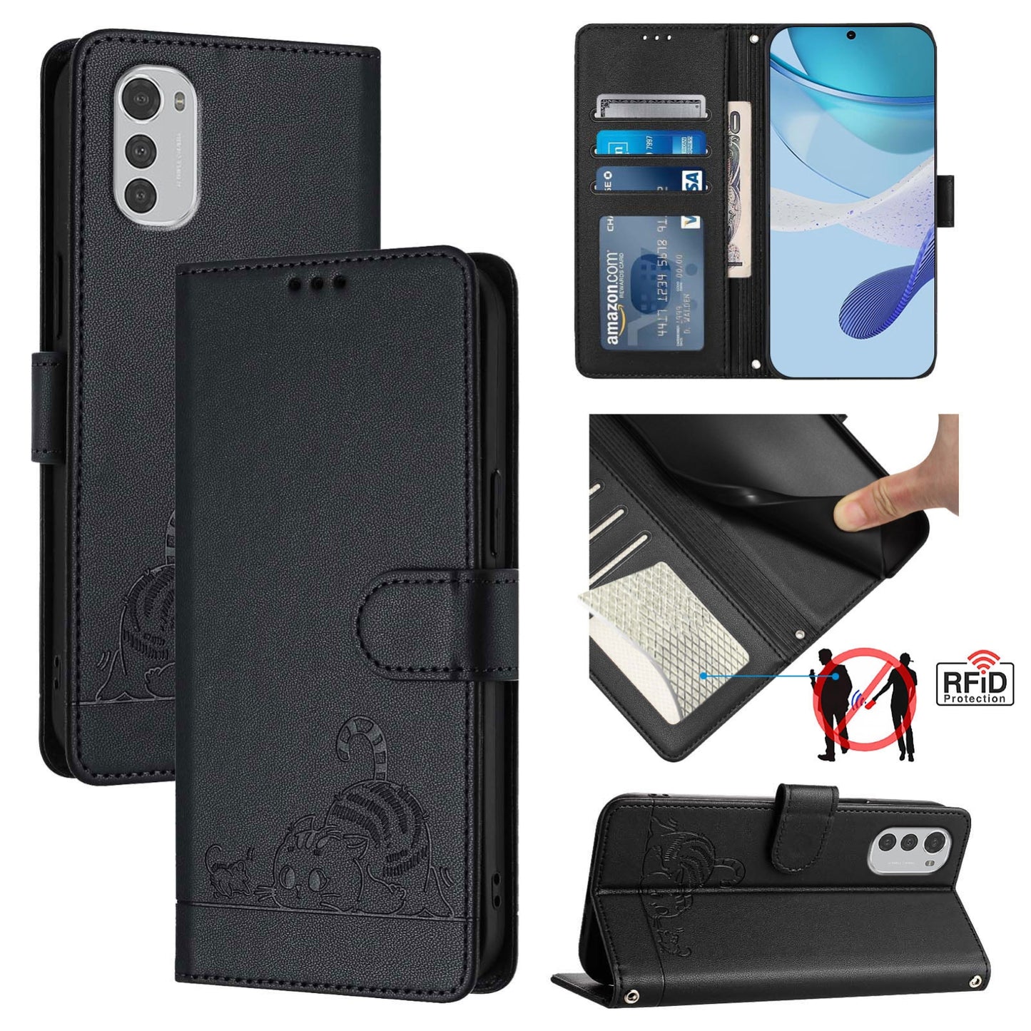 Motorola Moto E32 4G Global Cat & Rat Embossed RFID Leather Case, Lanyard, Wallet, Card Slots, Kickstand, Anti-Fall, Scratch-Resistant
