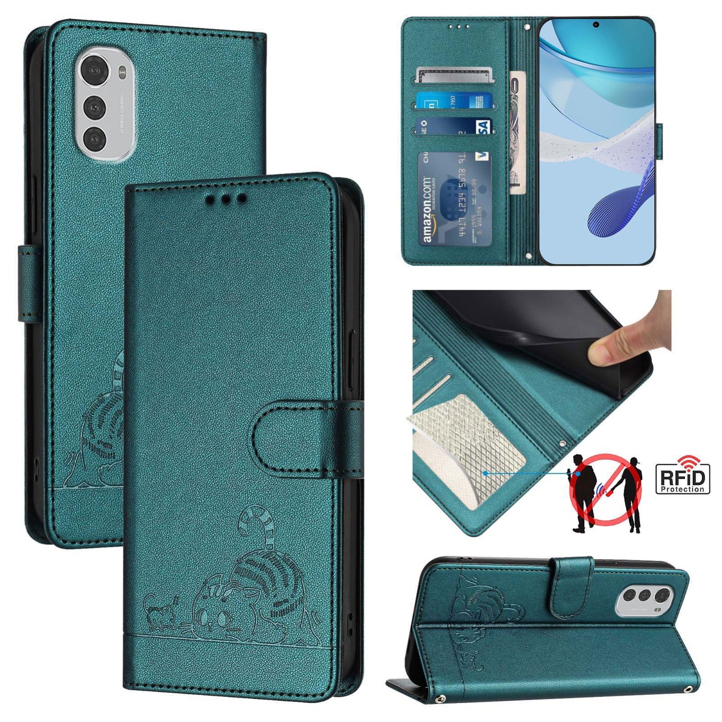 Motorola Moto E32 4G Global Cat & Rat Embossed RFID Leather Case, Lanyard, Wallet, Card Slots, Kickstand, Anti-Fall, Scratch-Resistant