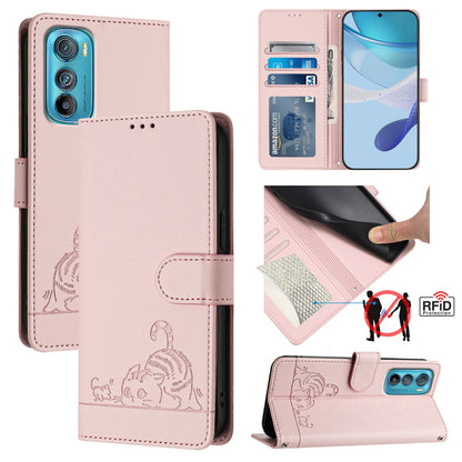 Motorola Edge 30 Cat & Rat Embossed RFID Leather Case, Lanyard, Wallet, Card Slots, Kickstand, Anti-Fall, Scratch-Resistant