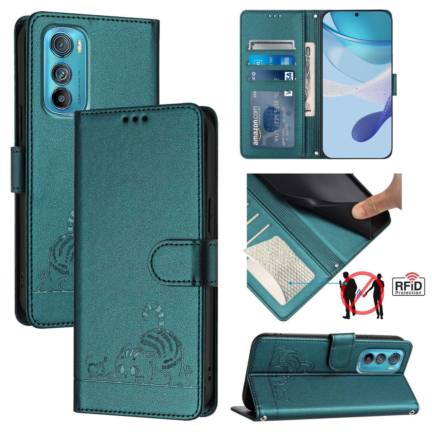 Motorola Edge 30 Cat & Rat Embossed RFID Leather Case, Lanyard, Wallet, Card Slots, Kickstand, Anti-Fall, Scratch-Resistant