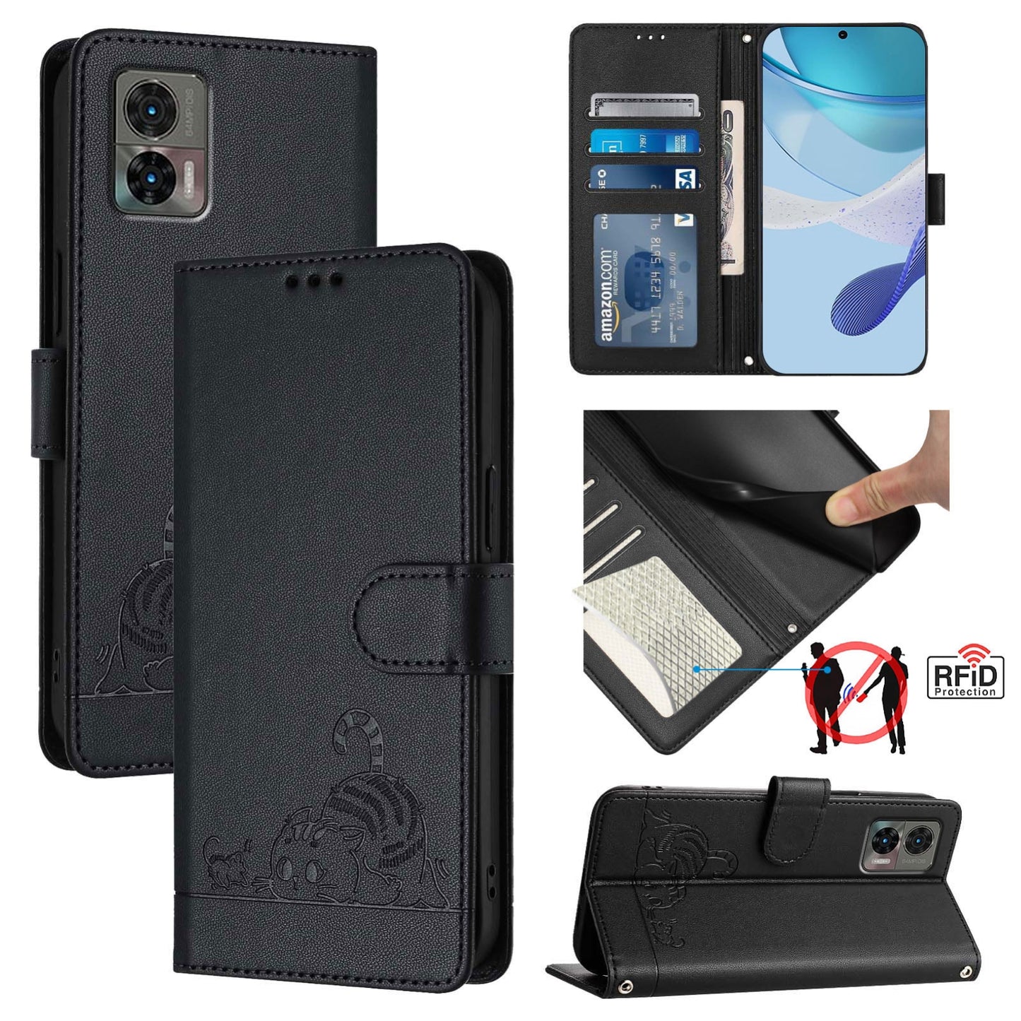 Motorola Edge 30 Neo Cat & Rat Embossed RFID Leather Case, Lanyard, Wallet, Card Slots, Kickstand, Anti-Fall, Scratch-Resistant