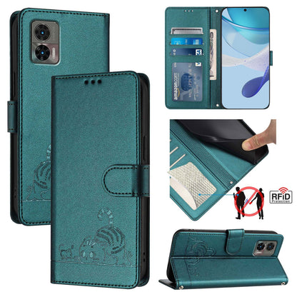 Motorola Edge 30 Neo Cat & Rat Embossed RFID Leather Case, Lanyard, Wallet, Card Slots, Kickstand, Anti-Fall, Scratch-Resistant