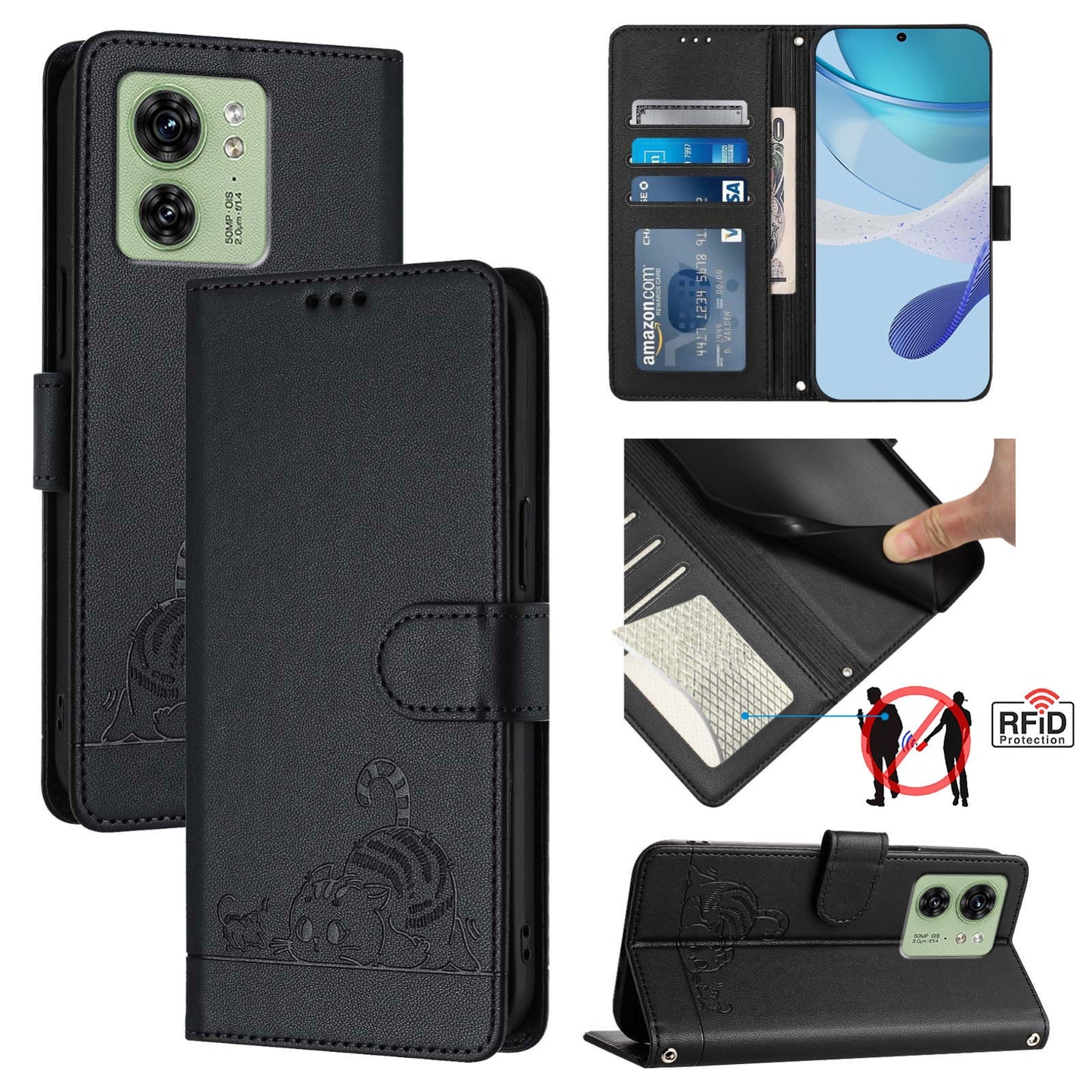 Motorola Edge 2023 North US Version Cat & Rat Embossed RFID Leather Case, Lanyard, Wallet, Card Slots, Kickstand, Anti-Fall, Scratch-Resistant