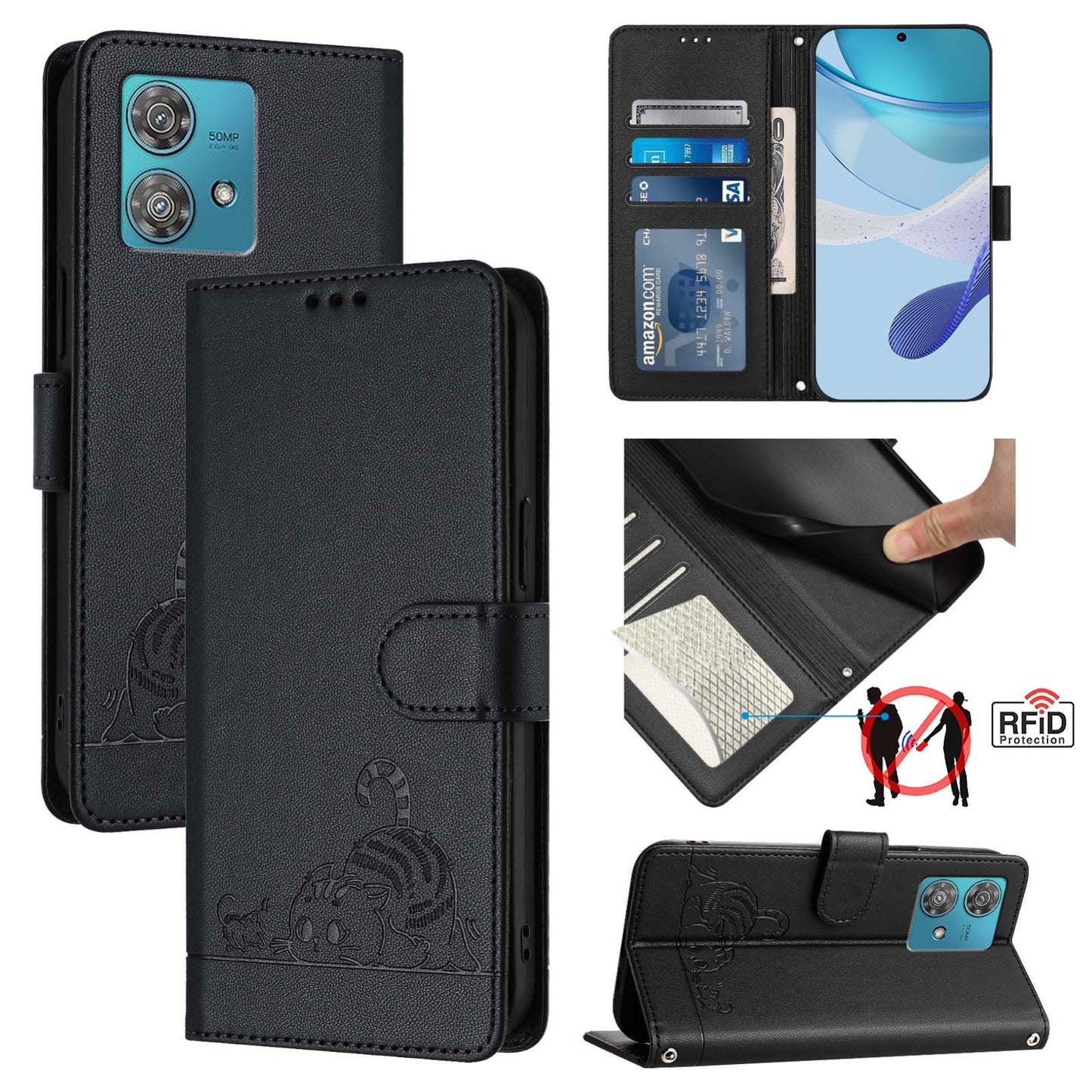 Motorola Edge 40 Neo 5G Cat & Rat Embossed RFID Leather Case, Lanyard, Wallet, Card Slots, Kickstand, Anti-Fall, Scratch-Resistant