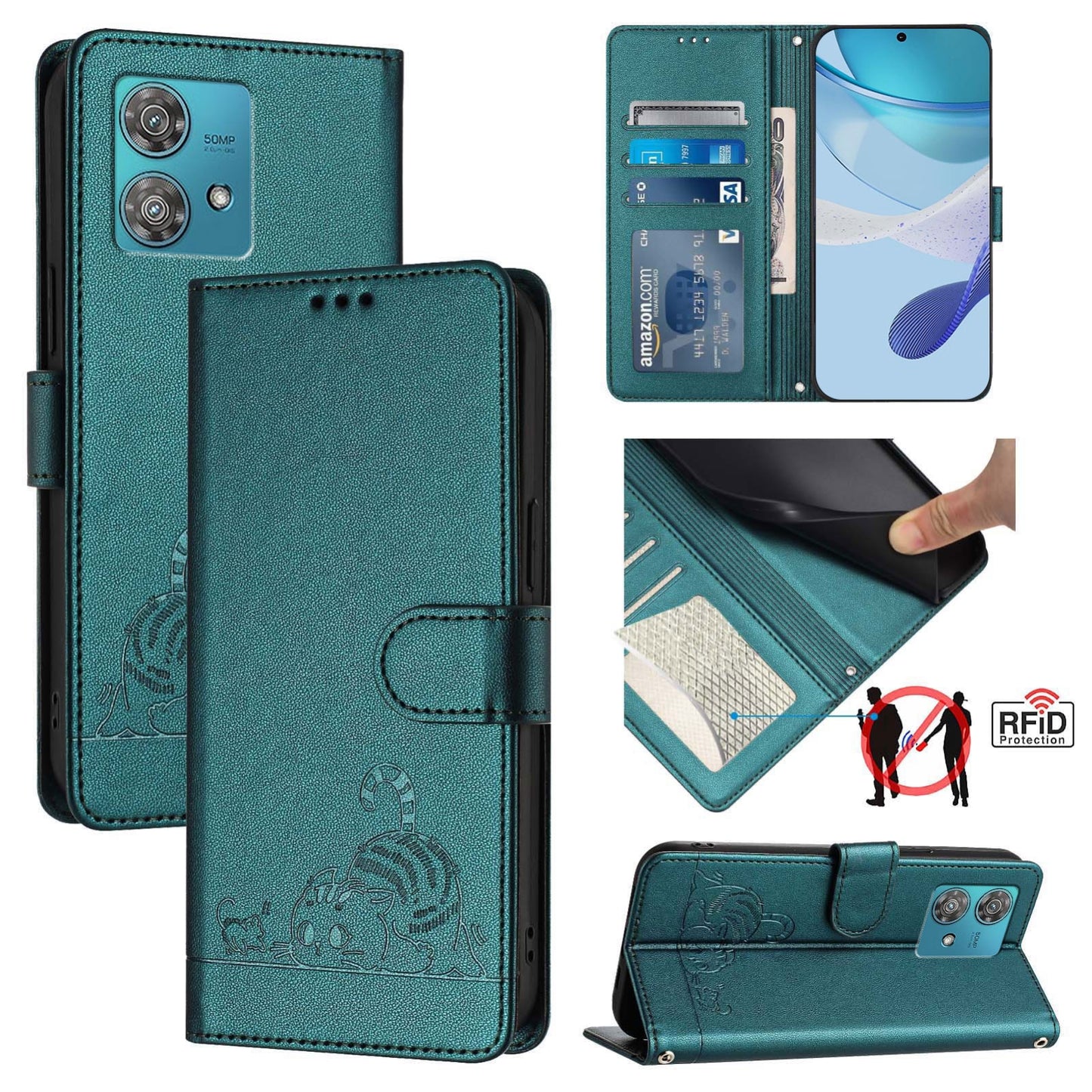 Motorola Edge 40 Neo 5G Cat & Rat Embossed RFID Leather Case, Lanyard, Wallet, Card Slots, Kickstand, Anti-Fall, Scratch-Resistant