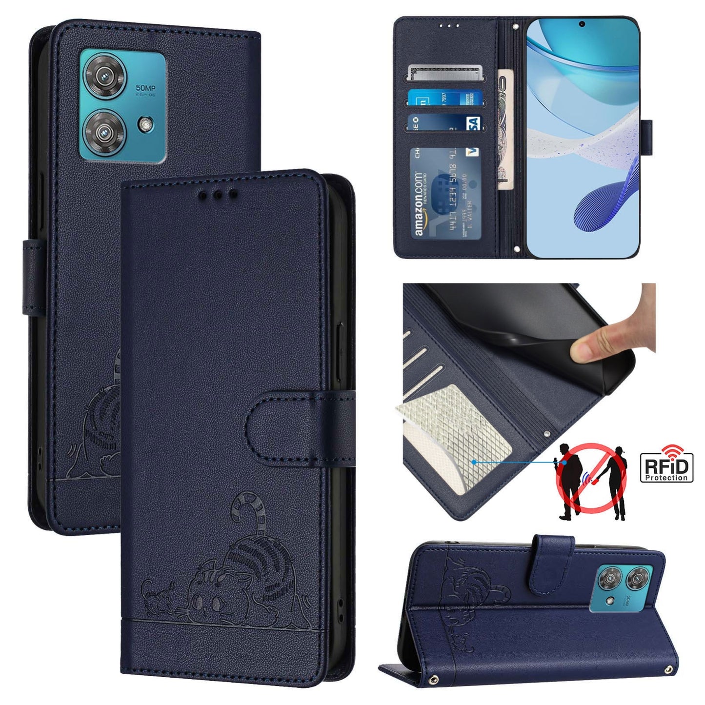 Motorola Edge 40 Neo 5G Cat & Rat Embossed RFID Leather Case, Lanyard, Wallet, Card Slots, Kickstand, Anti-Fall, Scratch-Resistant