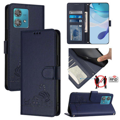 Motorola Edge 40 Neo 5G Cat & Rat Embossed RFID Leather Case, Lanyard, Wallet, Card Slots, Kickstand, Anti-Fall, Scratch-Resistant
