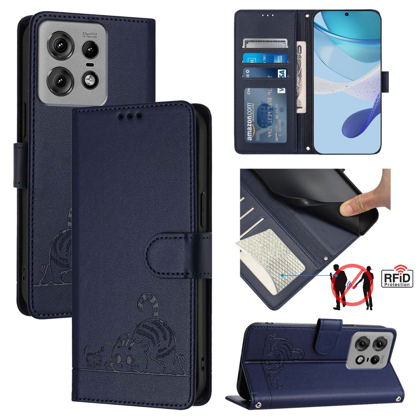 Motorola Edge 50 Pro Cat & Rat Embossed RFID Leather Case, Lanyard, Wallet, Card Slots, Kickstand, Anti-Fall, Scratch-Resistant