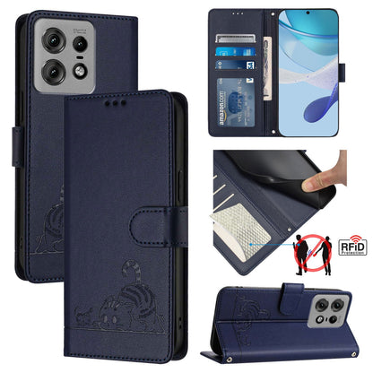 Motorola Edge 50 Pro Cat & Rat Embossed RFID Leather Case, Lanyard, Wallet, Card Slots, Kickstand, Anti-Fall, Scratch-Resistant