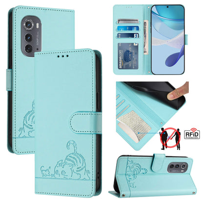 Motorola Edge 2022 Cat & Rat Embossed RFID Leather Case, Lanyard, Wallet, Card Slots, Kickstand, Anti-Fall, Scratch-Resistant