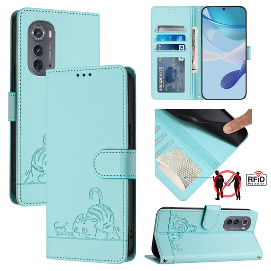 Motorola Edge 2022 Cat & Rat Embossed RFID Leather Case, Lanyard, Wallet, Card Slots, Kickstand, Anti-Fall, Scratch-Resistant