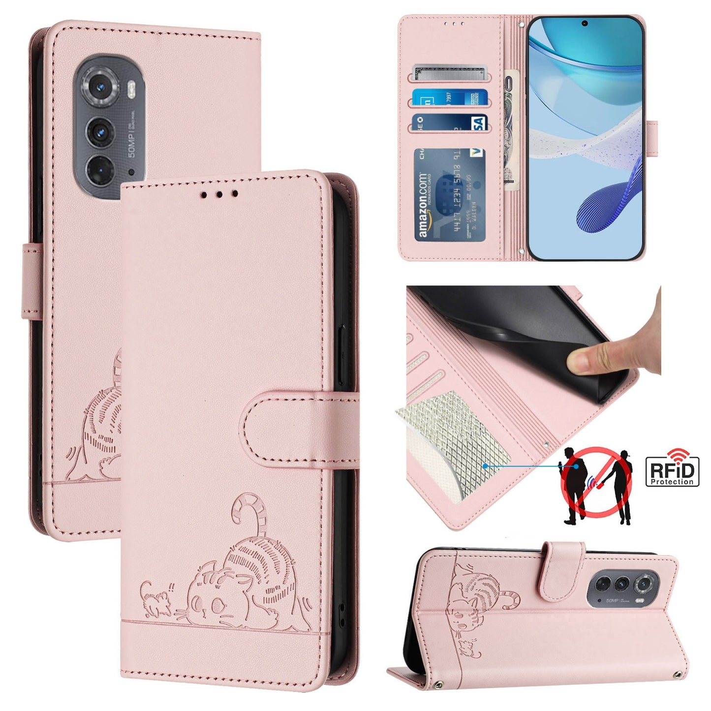 Motorola Edge 2022 Cat & Rat Embossed RFID Leather Case, Lanyard, Wallet, Card Slots, Kickstand, Anti-Fall, Scratch-Resistant