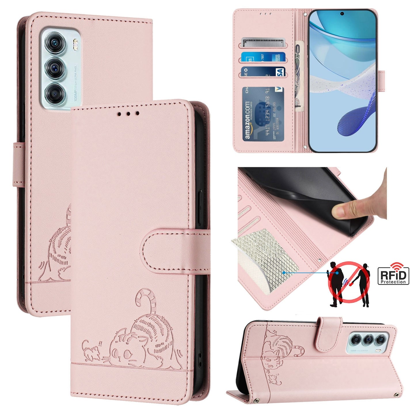 Motorola Edge S30 Cat & Rat Embossed RFID Leather Case, Lanyard, Wallet, Card Slots, Kickstand, Anti-Fall, Scratch-Resistant