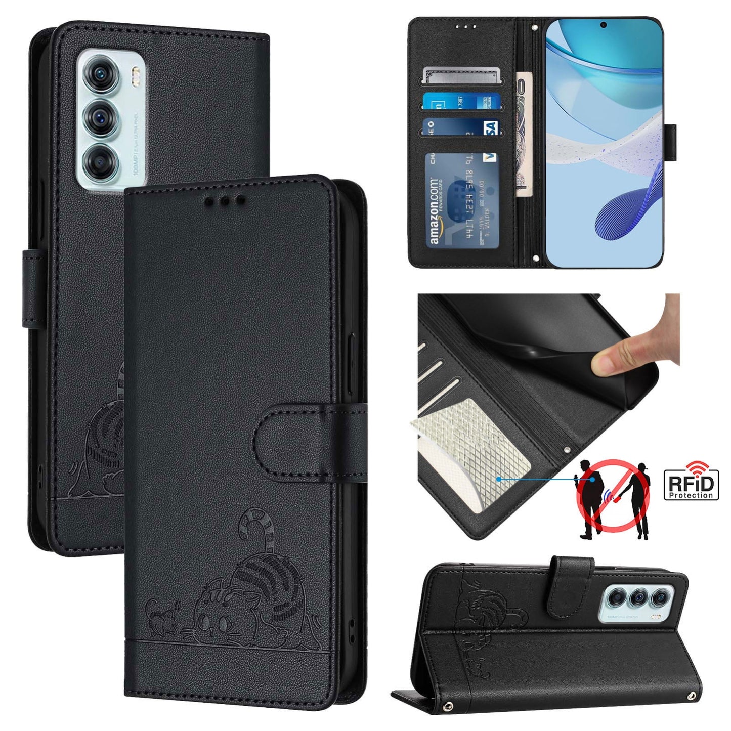 Motorola Edge S30 Cat & Rat Embossed RFID Leather Case, Lanyard, Wallet, Card Slots, Kickstand, Anti-Fall, Scratch-Resistant