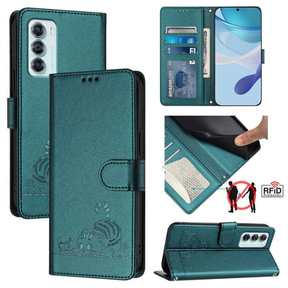 Motorola Edge S30 Cat & Rat Embossed RFID Leather Case, Lanyard, Wallet, Card Slots, Kickstand, Anti-Fall, Scratch-Resistant