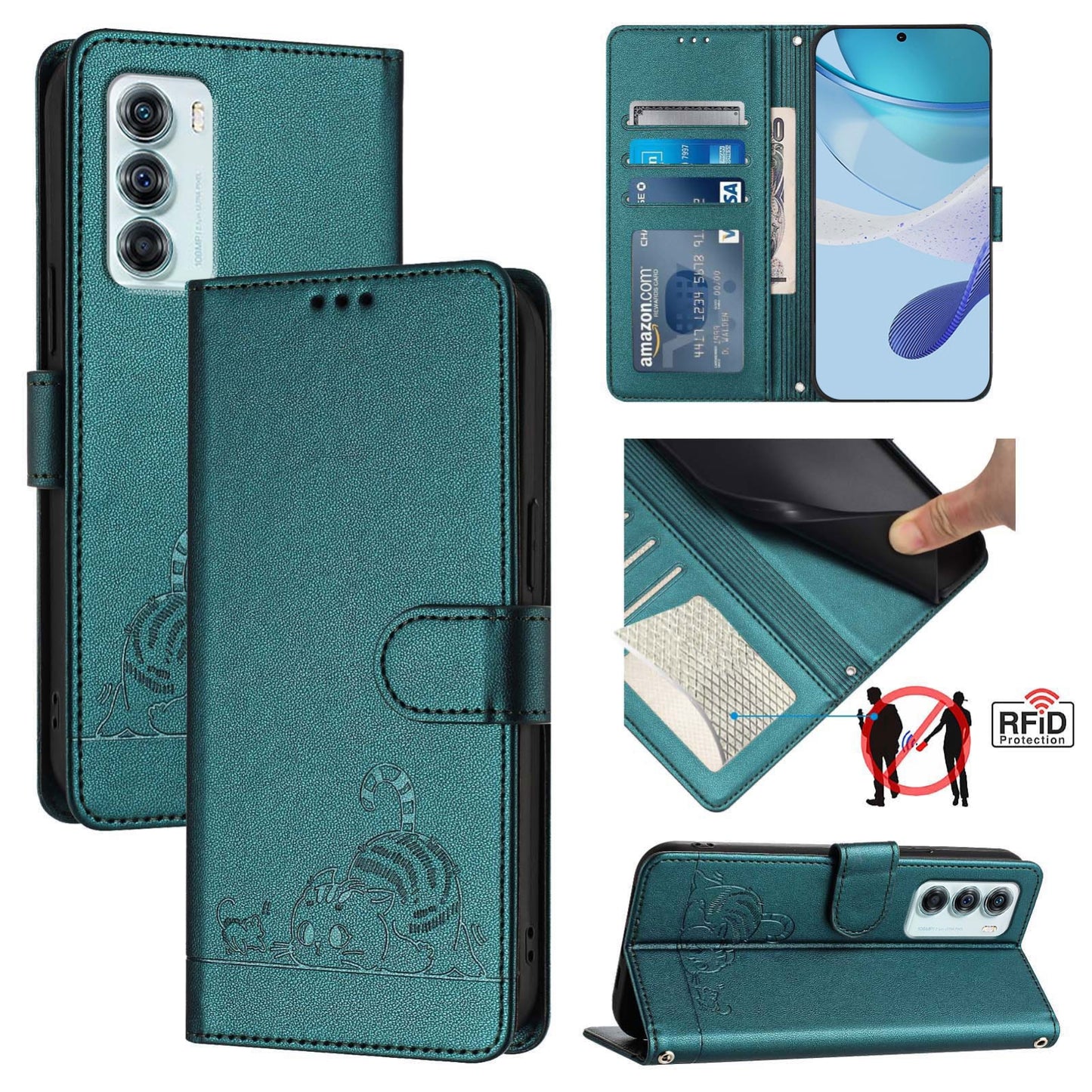 Motorola Moto G200 5G Cat & Rat Embossed RFID Leather Case, Lanyard, Wallet, Card Slots, Kickstand, Anti-Fall, Scratch-Resistant