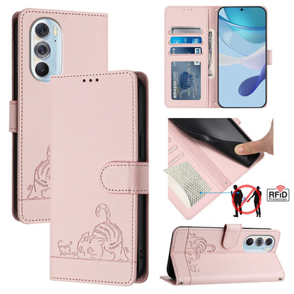 Motorola Edge X30 5G Cat & Rat Embossed RFID Leather Case, Lanyard, Wallet, Card Slots, Kickstand, Anti-Fall, Scratch-Resistant
