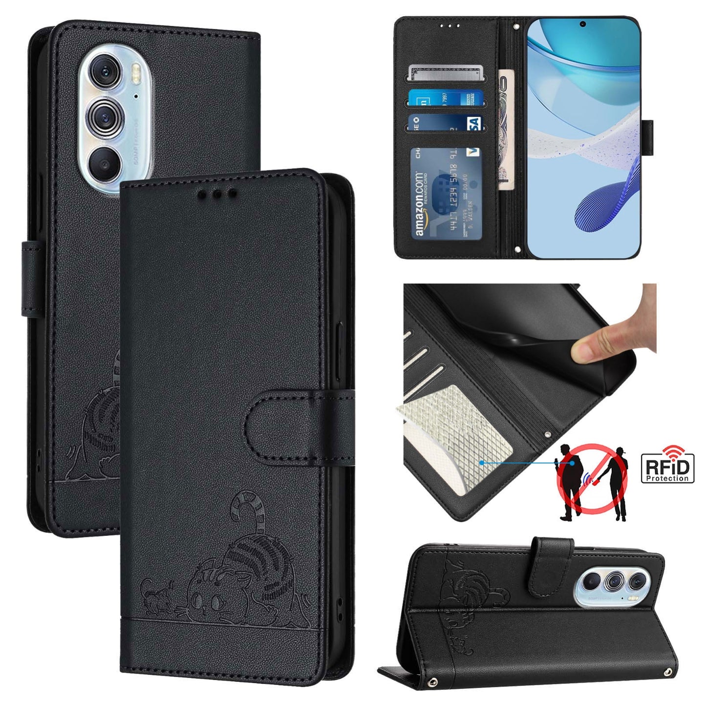 Motorola Edge+ 2022 Cat & Rat Embossed RFID Leather Case, Lanyard, Wallet, Card Slots, Kickstand, Anti-Fall, Scratch-Resistant