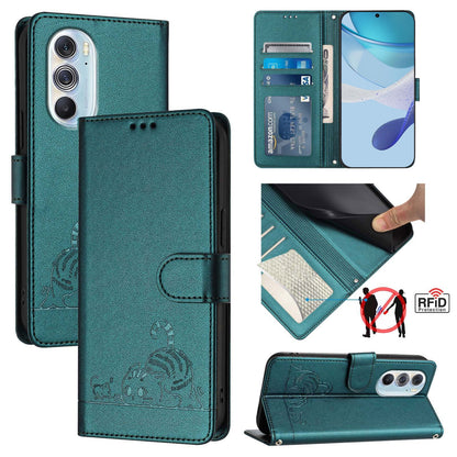 Motorola Edge+ 2022 Cat & Rat Embossed RFID Leather Case, Lanyard, Wallet, Card Slots, Kickstand, Anti-Fall, Scratch-Resistant